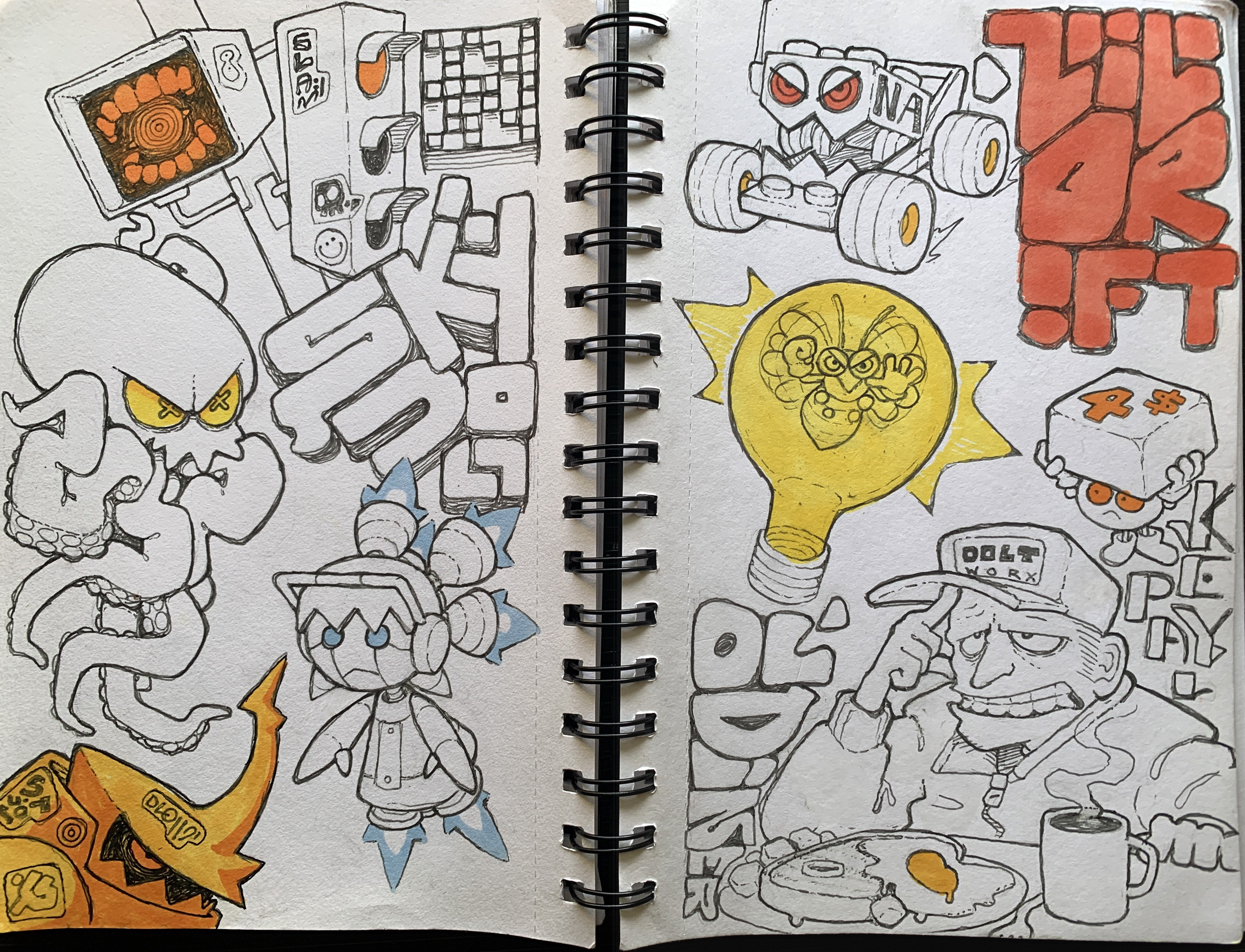 the image showcases two pages from a sketchbook filled with vibrant and dynamic cartoon character sketches. rendered primarily in black and white with accents of orange and yellow, the drawings exhibit an energetic, graffitiinspired style. various creatures, robots, and figures are depicted, some with exaggerated features and dynamic poses. text elements reminiscent of street art are interspersed throughout the composition. the drawings are seemingly done with pens or markers, evidenced by the varying line weights and color application. overall, the sketchbook pages exude a sense of creative exploration and playful imagination.