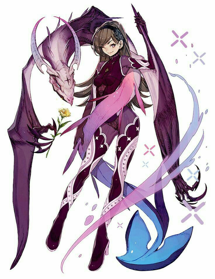 a young woman with long brown hair and brown eyes, clad in a sleek, formfitting purple and pink bodysuit accented with white stars, is gracefully posed with a fantastical purple and blue dragon.  she holds a single yellow flower in her hand, and translucent, flowing shapes in shades of blue and purple swirl around them, hinting at magical energy.