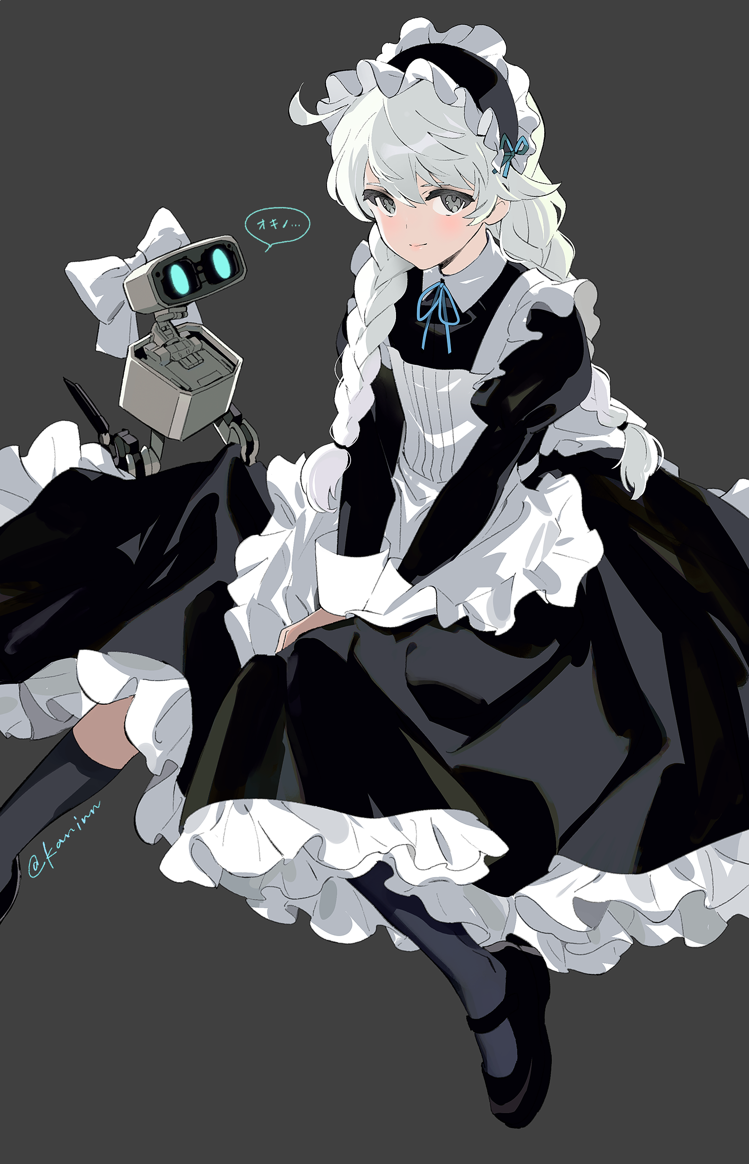an anime girl dressed as a maid in a black and white dress with a big white bow. she has long white hair in a braid and blue eyes. she is standing with a small robot next to her. the girl and robot are both smiling and looking at each other. the background is a dark grey. the art style is cartoonish and digital.