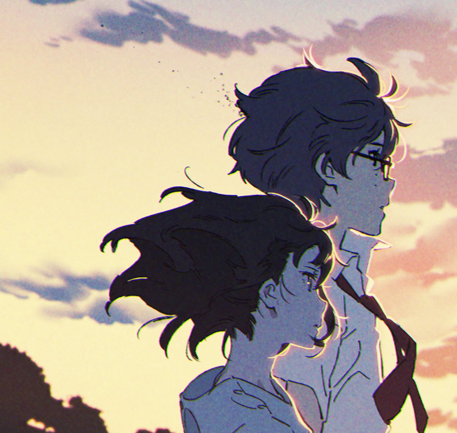 an animestyle illustration shows a young man and woman standing close together, their profiles outlined against a warm sunset sky. the man, with dark hair and glasses, gazes ahead while the woman, with flowing black hair, looks slightly downward. they appear lost in thought, their connection emphasized by the soft lighting and gentle wind that whips the woman's hair around them. the overall mood is peaceful and romantic.