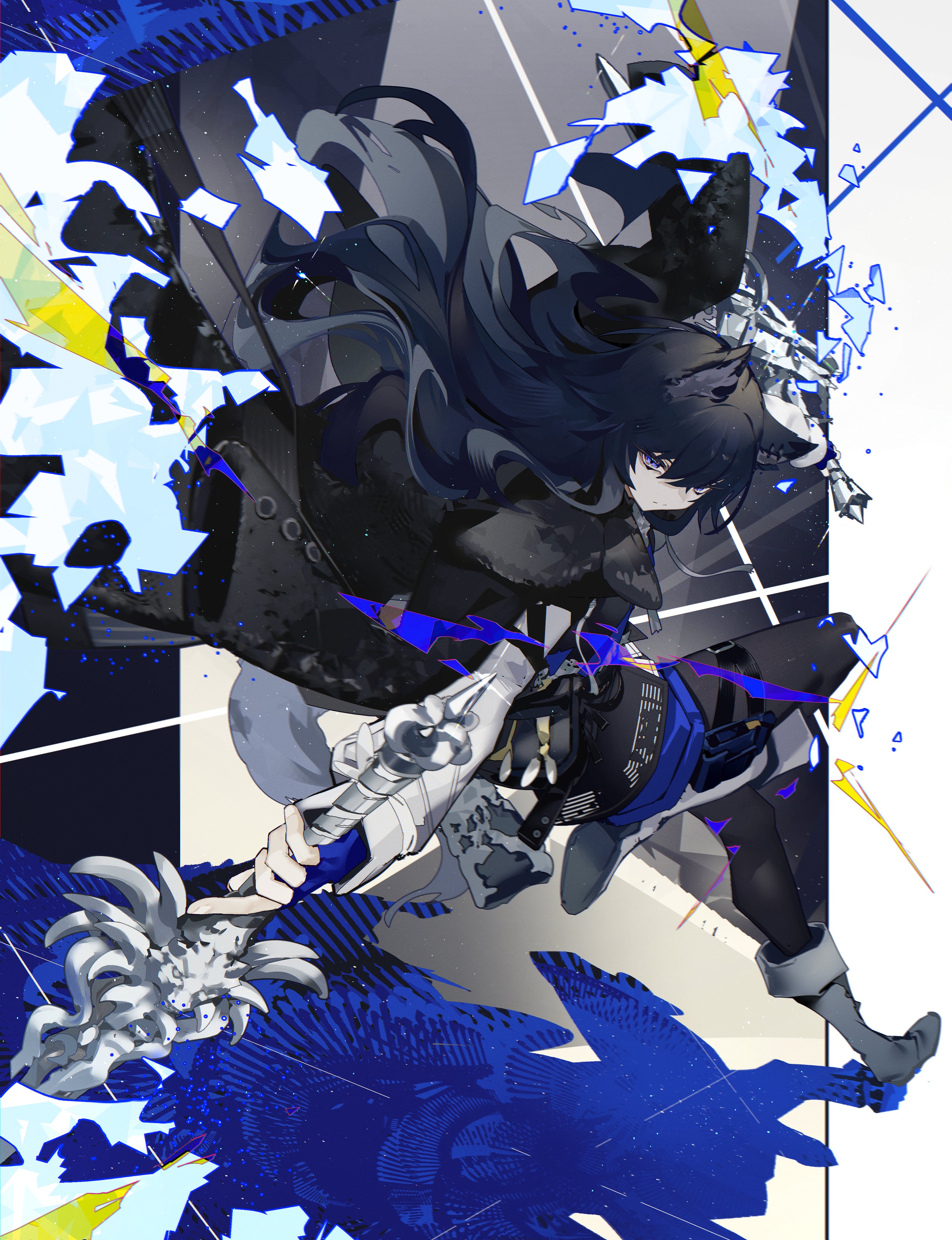 a female character with long black hair and wolf ears, dressed in a black and blue outfit, wields a large, ornate sword. the art style is dynamic and energetic, with sharp lines and abstract elements. the background is an abstract mix of blue and white, further emphasizing the action and fantasy elements of the piece.