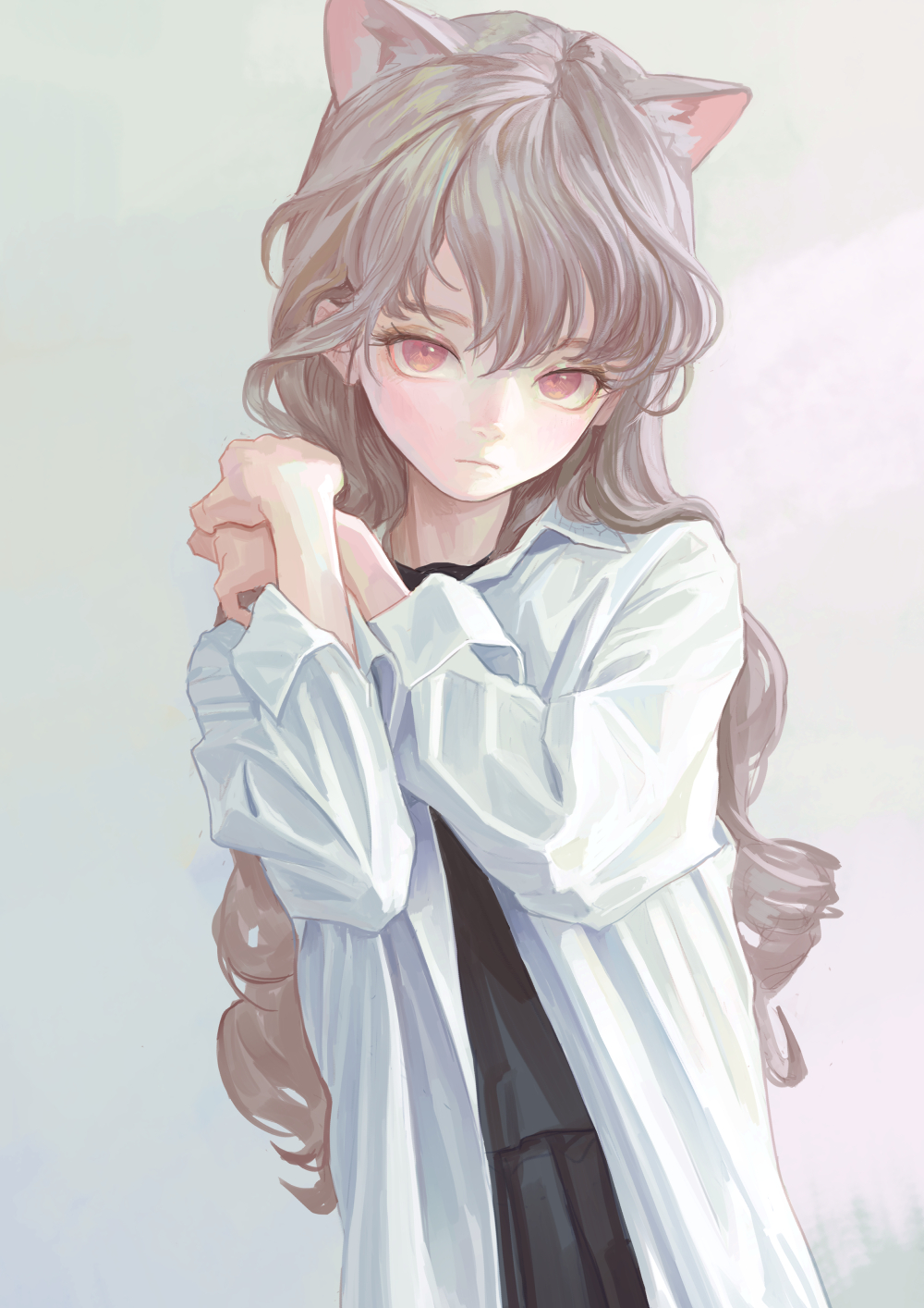 an anime girl with cat ears and wavy, light gray hair stands against a white background. she has reddishpink eyes and is wearing a black top under a longsleeved white shirt. her hands are folded in front of her.