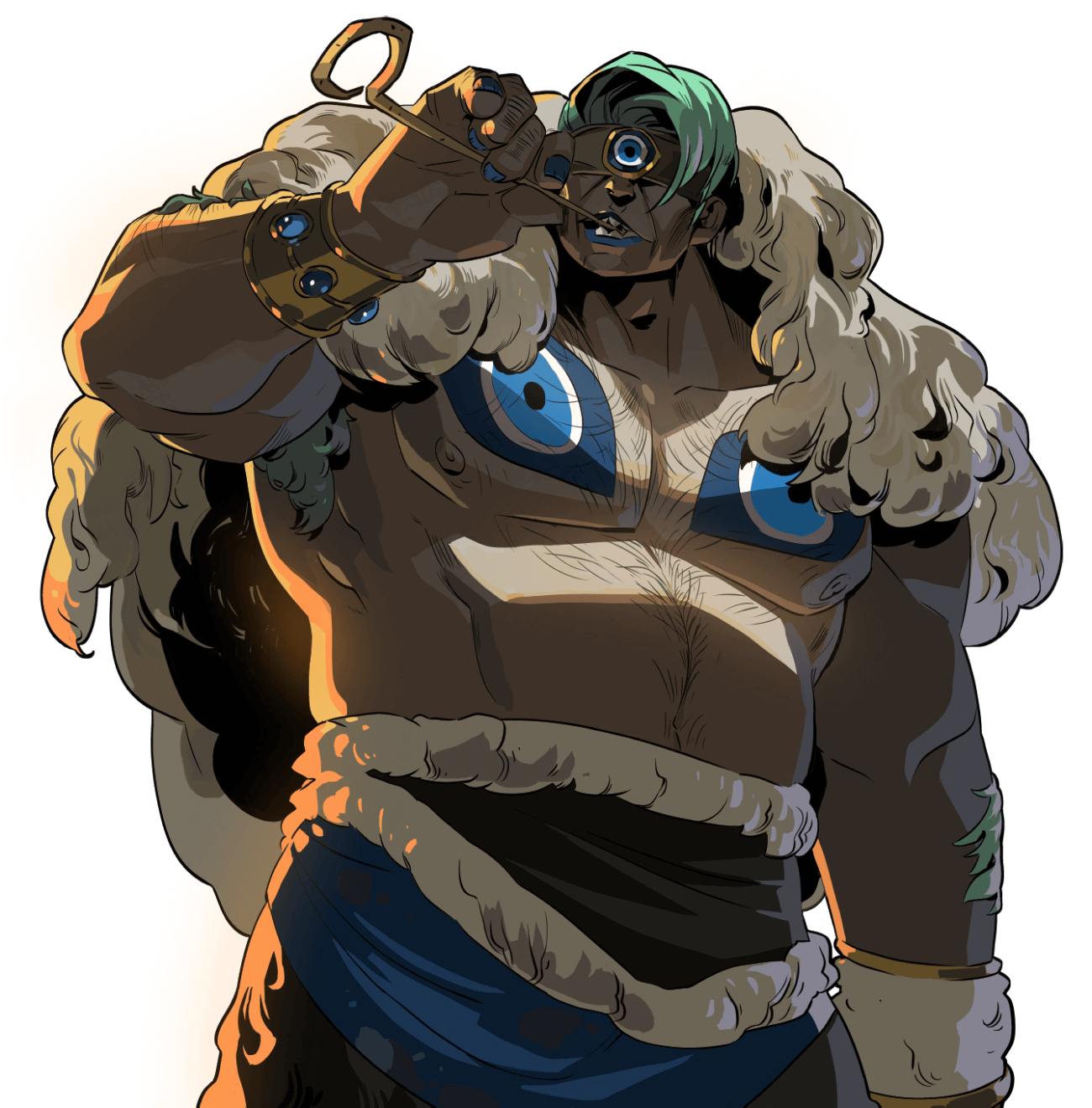 a muscular, male fantasy character is holding a weapon and looking at something offscreen. he is wearing a fur cloak and has tribal markings on his body, including  eyes on his chest. he has a fierce, almost demoniacal expression.  he appears to be a powerful warrior.  he is possibly a demon hunter or monster hunter, and he is likely part of a myth or legend.