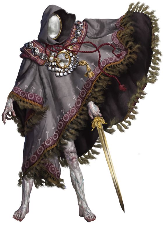 the image shows a humanoid character, possibly undead, with pale white skin and a mirror for a head. it is wearing a long brown cloak with tassels and a pattern of circles and keys. there are multiple decorative ornaments hanging from the cloak. it is holding a golden sword in its left hand.  its right arm is outstretched with an open palm.