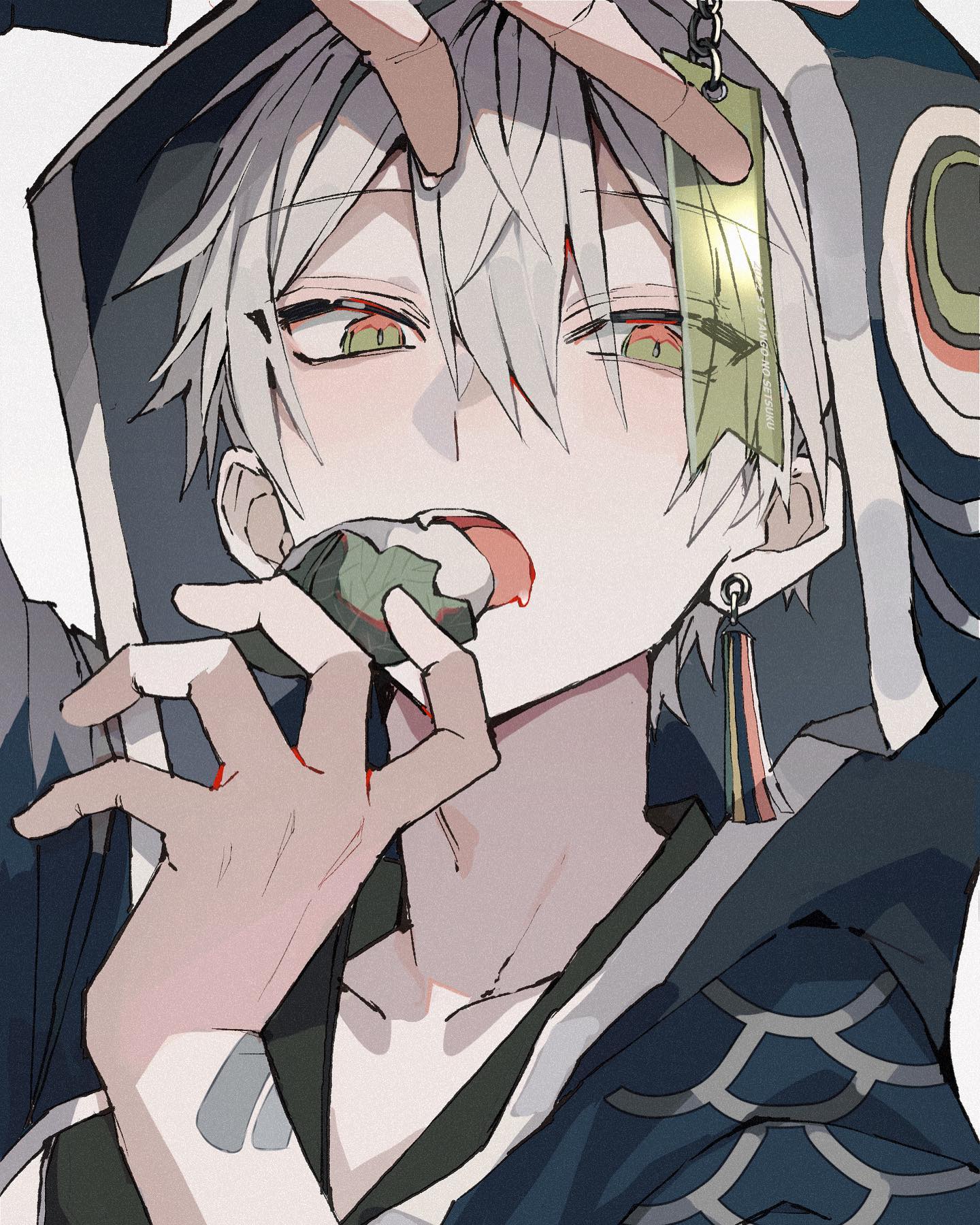 a closeup digital illustration of an animestyle boy with white hair and green eyes. he is wearing a dark hoodie with a unique design, and he's eating a piece of onigiri (rice ball). his expression is somewhat serene, and the overall style is soft yet detailed. the artwork is visually appealing, with a focus on the character's features and the details of his clothing. the color palette is muted, with shades of grey, blue, and green dominating.