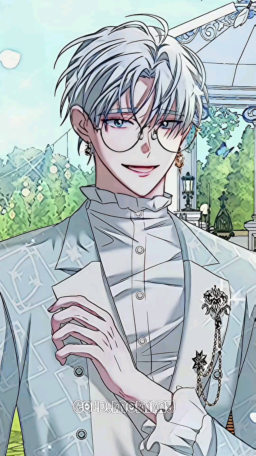 the image showcases a meticulously drawn animestyle male character. he possesses striking white hair, styled neatly, and wears round glasses that add to his sophisticated appearance. his attire is a light gray suit, styled elegantly with ruffles at the cuffs and collar. a unique, flowershaped brooch adds a touch of class to his outfit.  the background features a lush green garden with a gazebo in the distance, creating a serene and picturesque setting. the overall style is distinctly reminiscent of manhwa or manga art, with clean lines and pastel coloring. the character’s expression is pleasant and approachable.