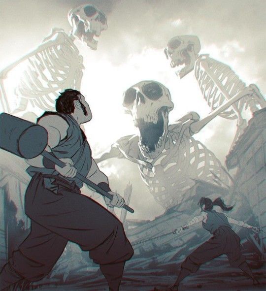 the image shows two characters, one with a large hammer and the other with a sword, fighting against giant skeletons in a ruined city.