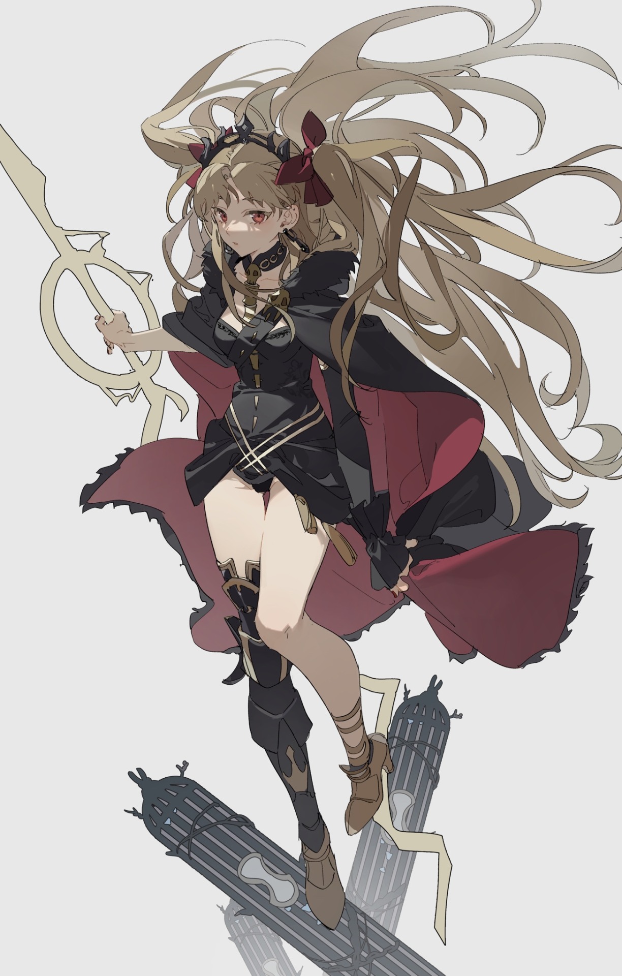 an anime girl with blonde hair styled in twin tails adorned with red ribbons is holding a sword while standing on what appear to be several parallel weapons. she is wearing a black dress with a red cape, black boots, and a choker. the character is set against a plain background.
