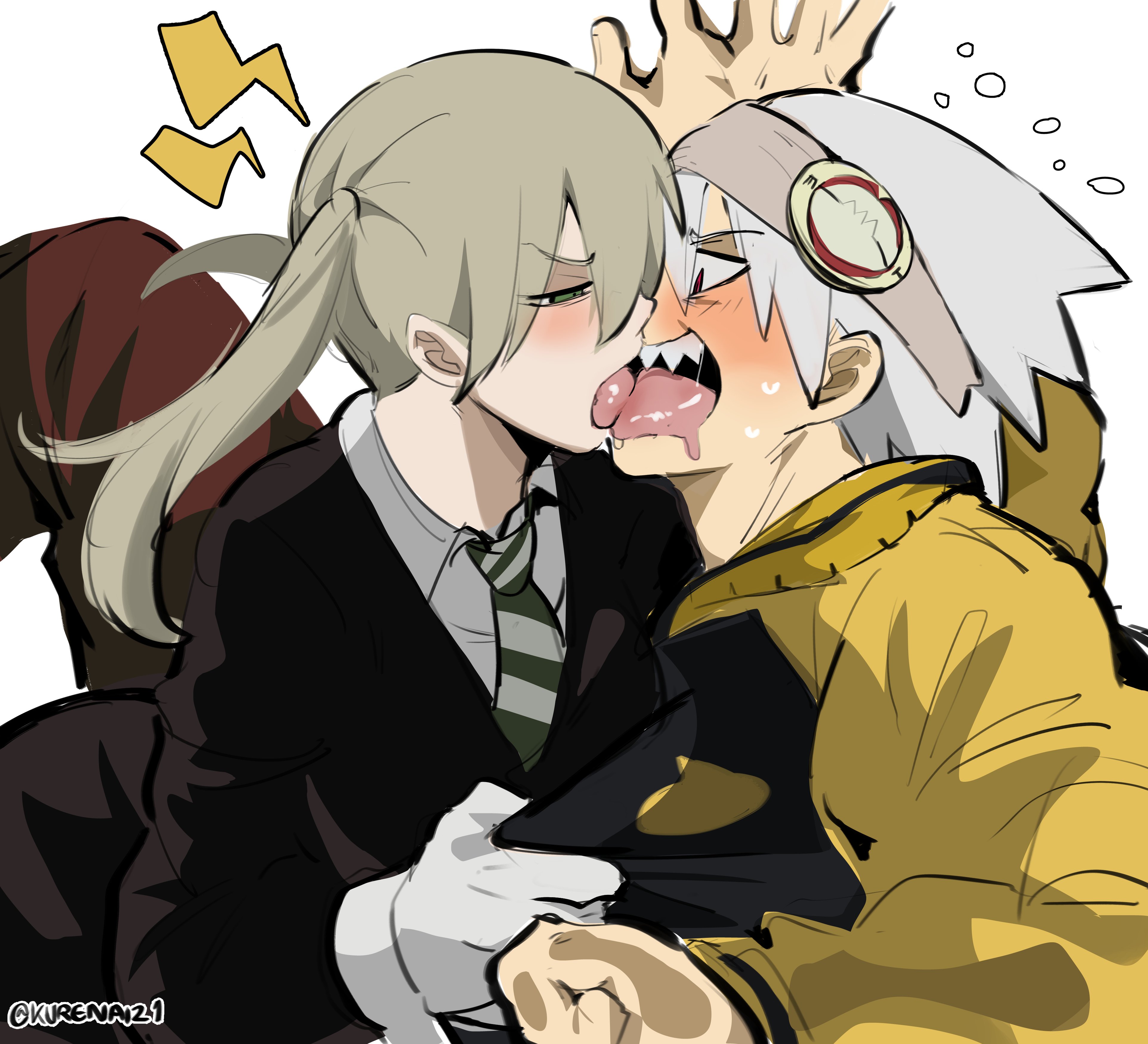 the image depicts a scene from an anime manga. a girl with long black hair in a black suit is kissing a boy with white hair and a yellow jacket. they are both smiling and appear to be very happy. the girl is wearing white gloves and a white shirt with a black tie. the boy is wearing a white shirt with a yellow jacket on top. the background is white.