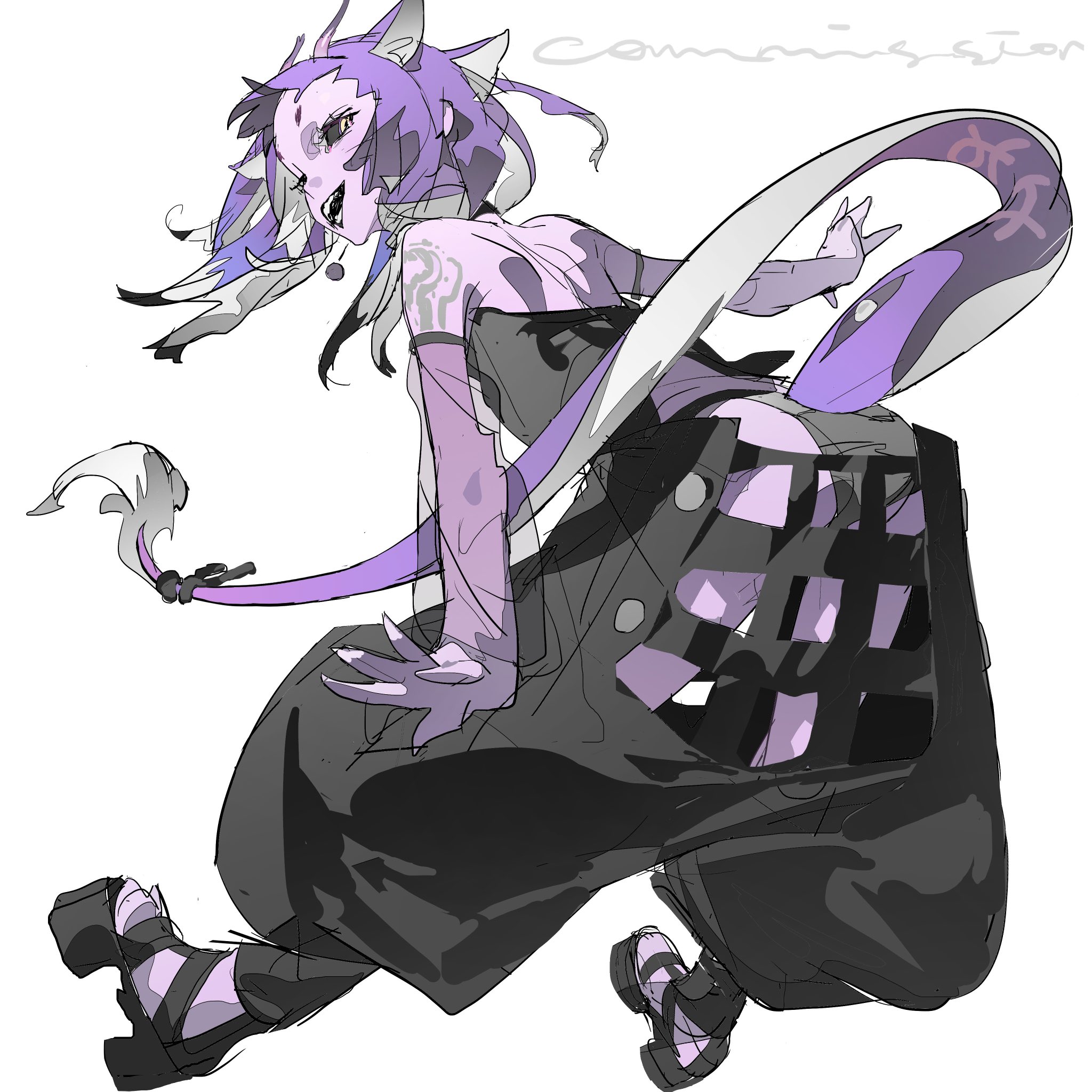 a digital sketch of an anime girl with purple hair and a tail, dressed in black, white, and purple clothing. she is jumping with one leg in the air and her other leg bent behind her. the girl has a very stylish outfit and she is wearing a pair of black, strapped shoes.  her tail is wrapped around her torso.