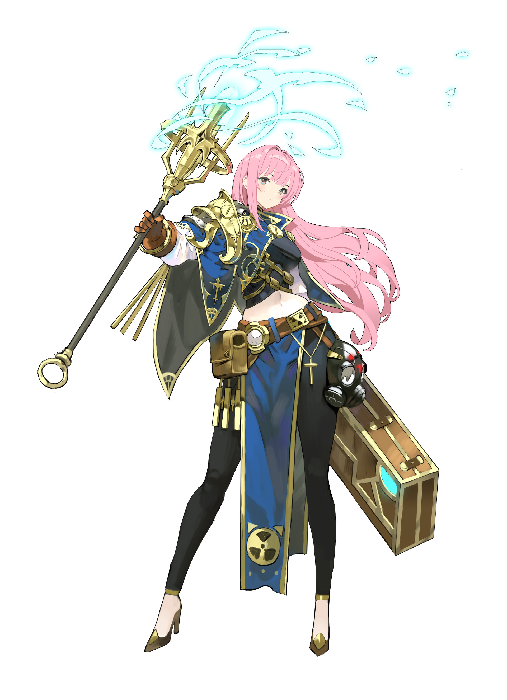 a full body image of an animestyle female character with pink hair, wearing a blue and gold outfit, holding a staff with a blue energy effect at the top. she has a gas mask and a box hanging from her belt. a nuclear symbol is visible on her clothing. she is wearing gold heels.