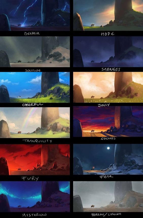 this image consists of 12 different landscape paintings, each depicting a single large rock formation under various lighting conditions.  each painting is associated with a different mood.