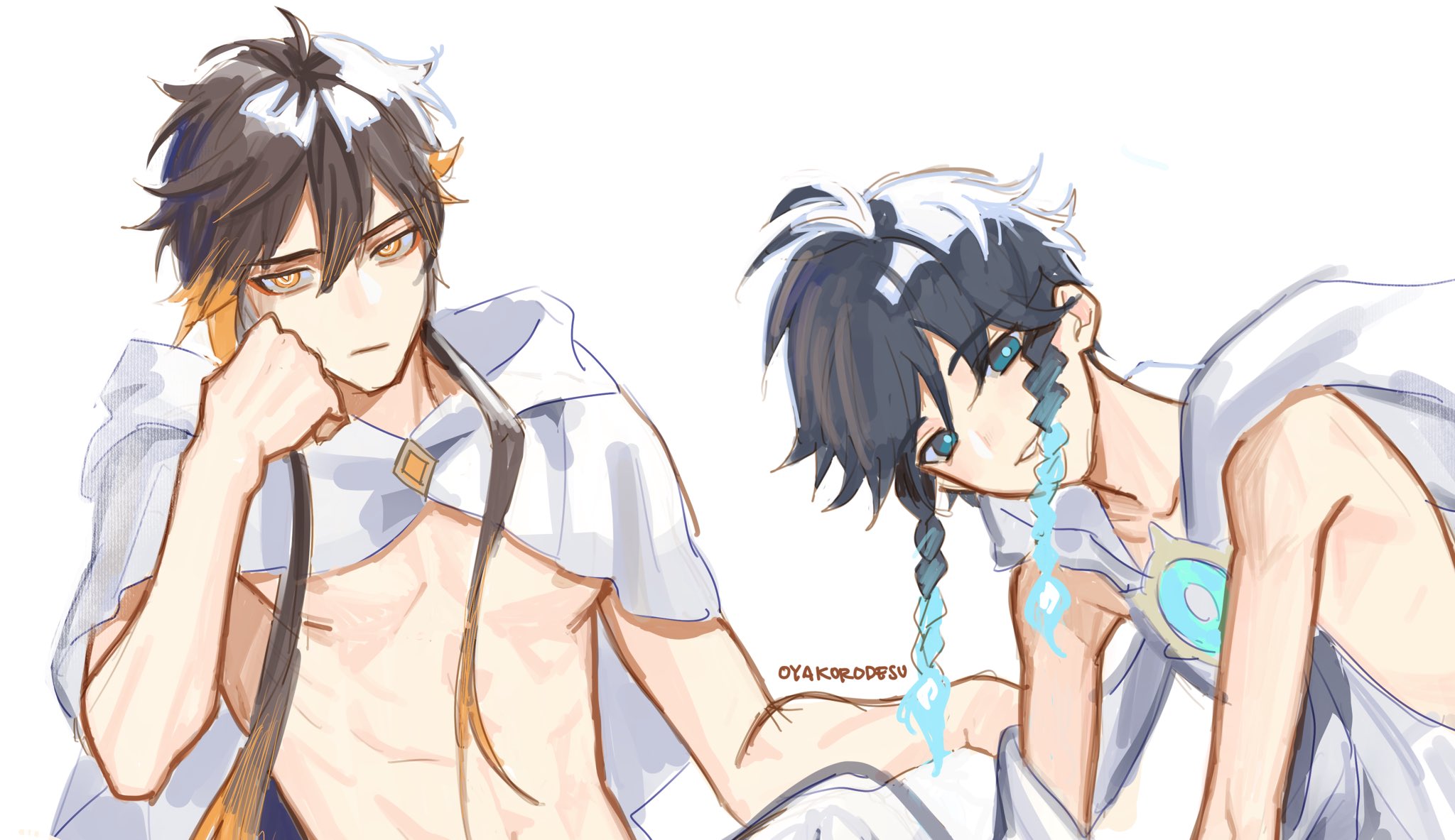 this is a digital art illustration of two male anime characters. the character on the left has dark brown hair with orange highlights and is wearing white clothing. the character on the right has black hair with white highlights and is wearing white clothing with blue trim. the two characters are looking at each other, and the image is drawn in a manga style.