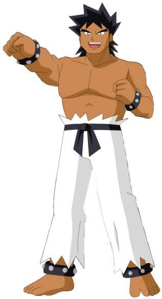 a muscular, shirtless anime character with black hair, a black belt, and white pants. he is standing in a fighting stance with his arms raised and a smile on his face.  he is wearing black bracelets on both wrists and ankles.
