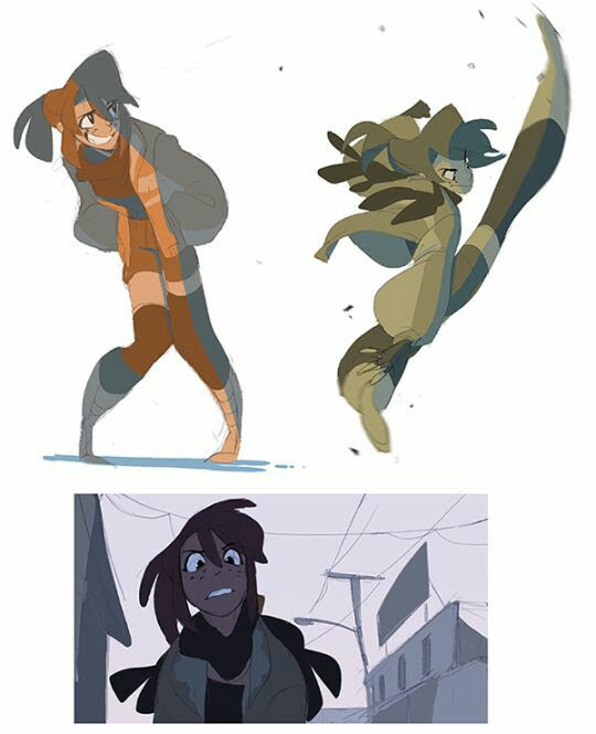 this image is an animation art that showcases various styles of animation art, including character designs and dynamic action poses. the top section has two character sketches. the first character is female, with orange hair, and is in a walking position, while the second character is also female, with green hair and in a high kick pose, almost like a cartoon style. the bottom section shows a single female character, again in an anime style. the character seems to be running or walking in a city street, with a background of a city street scene with buildings and streetlights. the animation art is a great showcase of anime character design and animation styles.