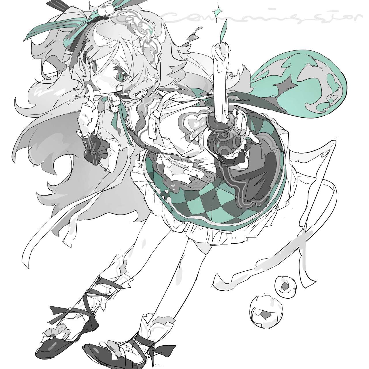 a black and white sketch of an anime girl with long hair, wearing a white and green dress, holding a candle.