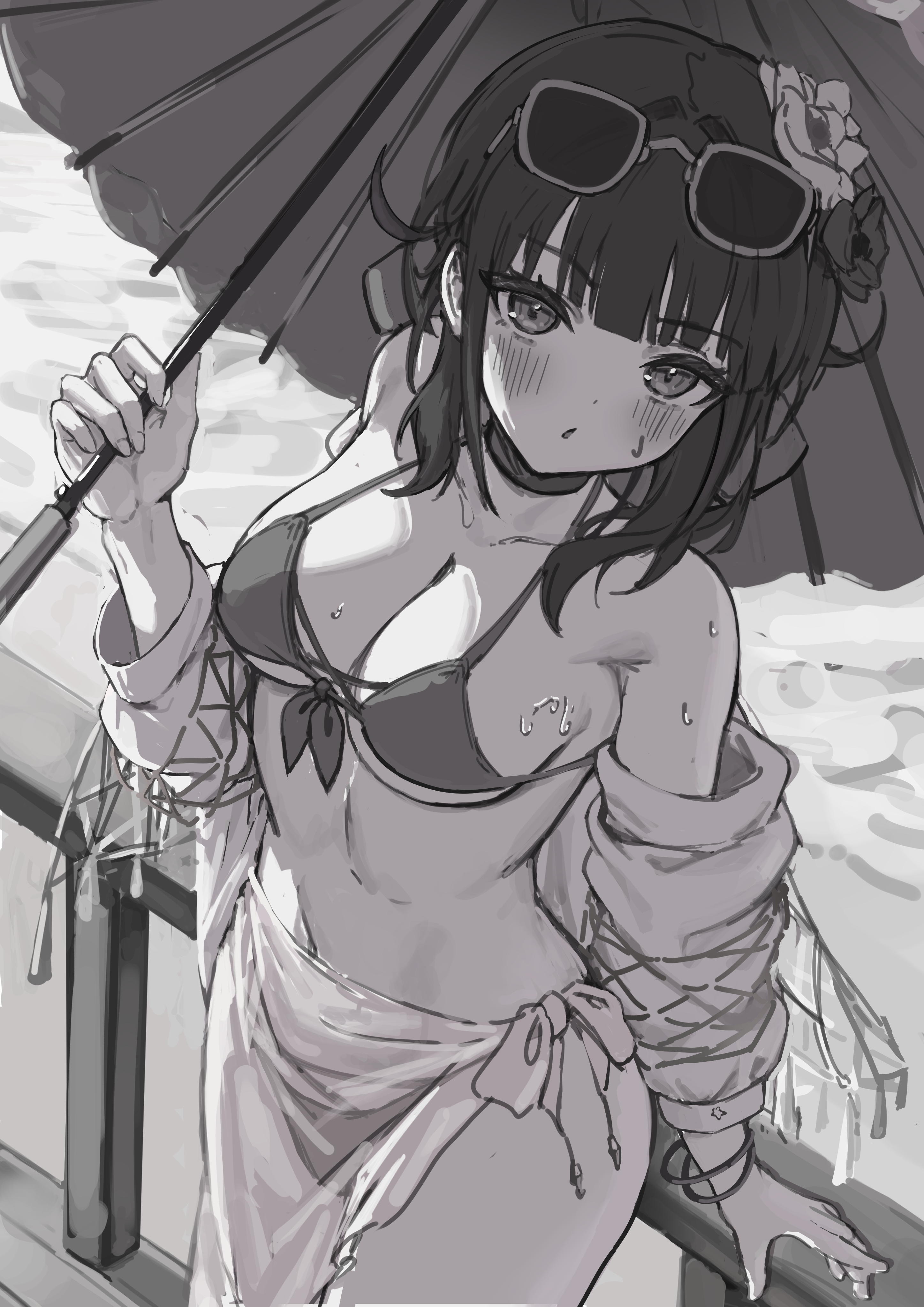 the image shows a black and white drawing of an anime girl wearing a bikini, sunglasses, and wrapped in a scarf, standing on a beach, holding an umbrella and blushing.