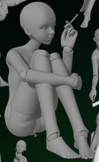 a grey plastic doll figurine of a girl sitting with her legs crossed, holding a cigarette in her hand, and looking off to the side.