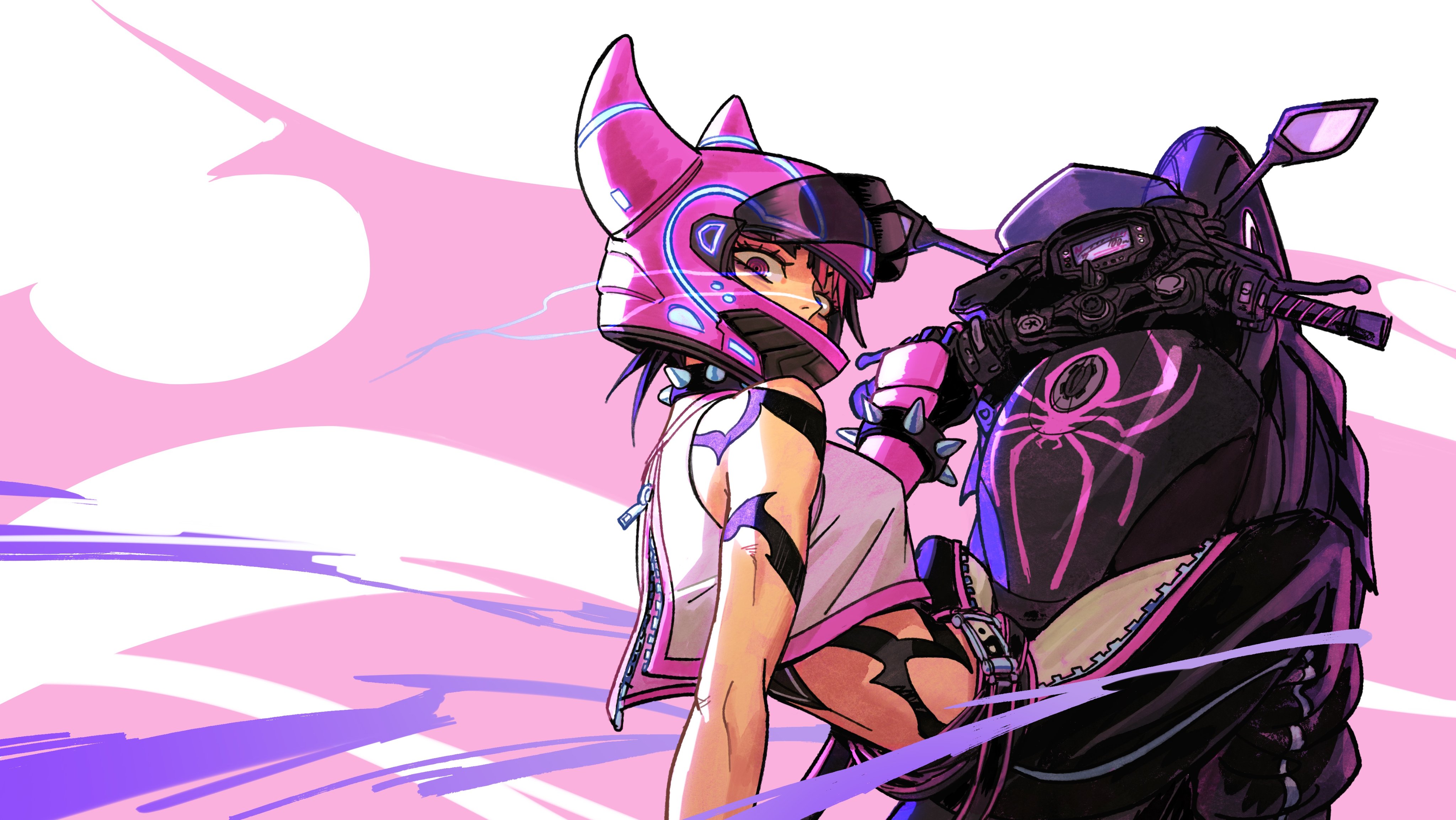 the image is a dynamic digital illustration of a young woman, styled in an anime/manga aesthetic, wearing a futuristic pink helmet with horns and a stylish outfit.  she is depicted interacting with a black motorcycle that has a pink spider design on its gas tank. the background features abstract pink and purple brushstrokes, creating a sense of motion and speed. the overall style is vibrant, energetic, and blends elements of cyberpunk and fantasy. the woman's expression is confident and slightly mischievous, emphasizing a strong and independent female character.