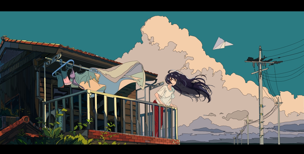 the image is a digital illustration in a stylized anime style. it depicts a young woman with long black hair standing on a balcony of a wooden house.  she is wearing a white tshirt and red pants.  laundry, including underwear, hangs on a clothesline on the balcony. a piece of clothing is billowing in the wind. the setting appears to be suburban, with power lines and utility poles visible in the background under a partly cloudy sky. a paper airplane is visible high in the sky. the overall tone is peaceful and serene.