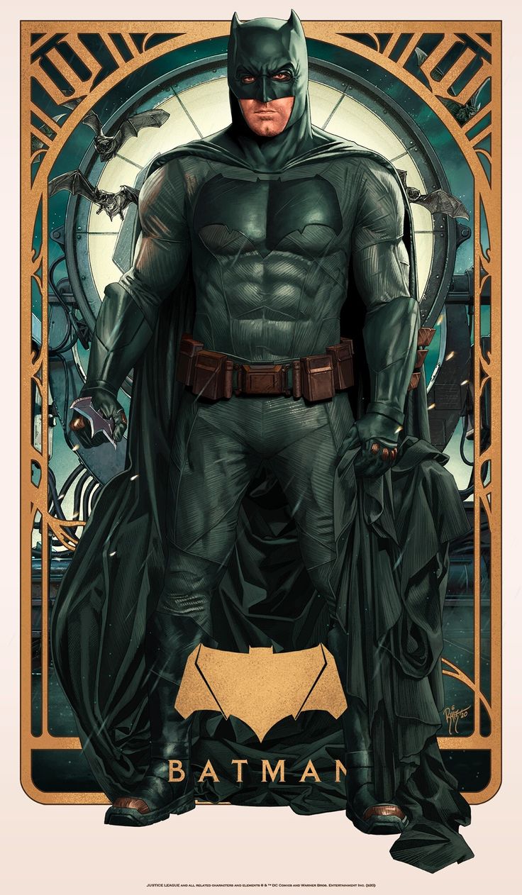 this is an illustration of ben affleck as batman in the justice league movie. he is standing in front of a stylized background that is in art deco style with some bats hanging around. he is wearing his batman costume, holding his cape and his logo is at the bottom of the image with the text "batman".