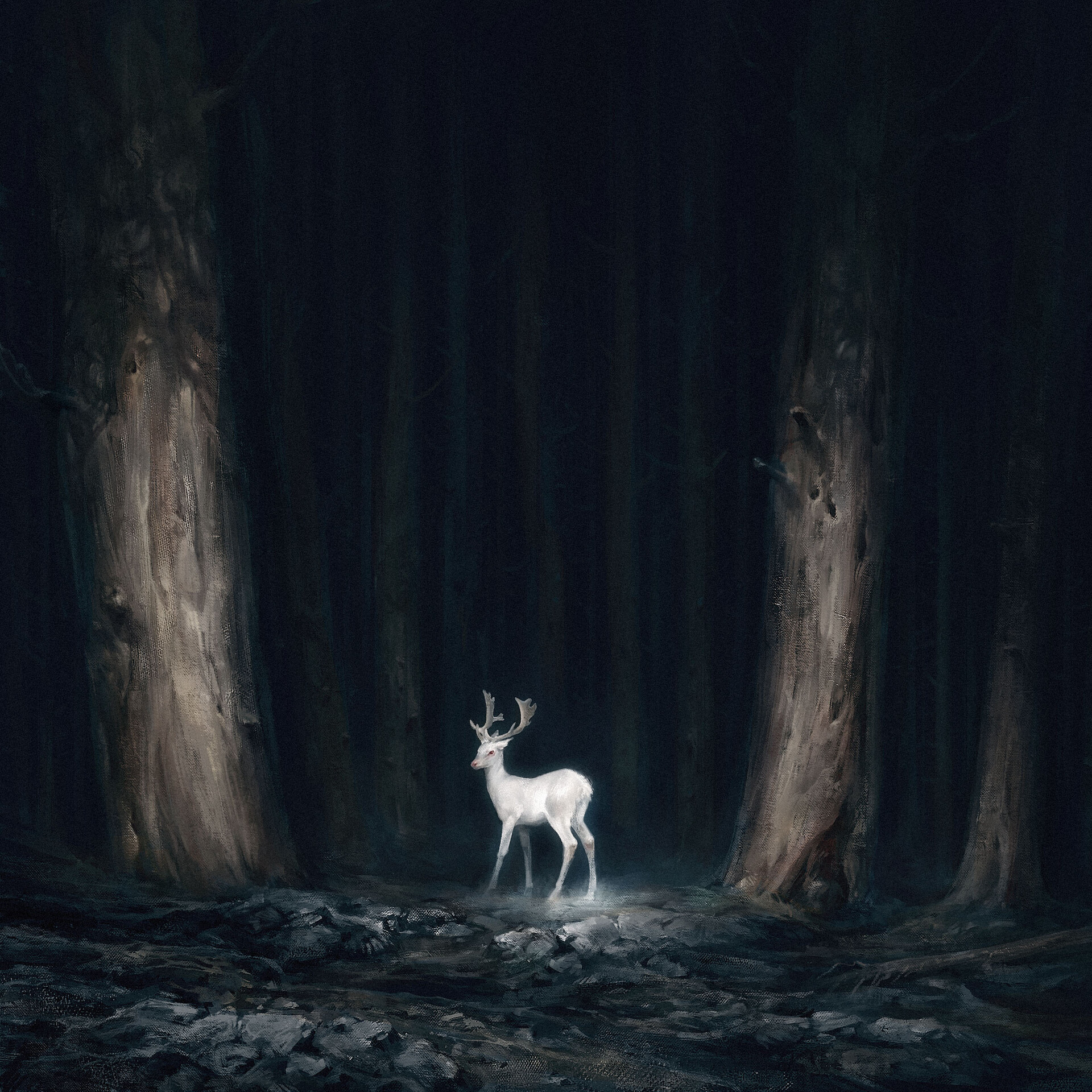 the image showcases a white stag with luminous antlers, standing alone in the middle of a dimly lit forest. the scene evokes a sense of magic and tranquility, with the deer appearing almost ethereal against the dark backdrop of the woods.