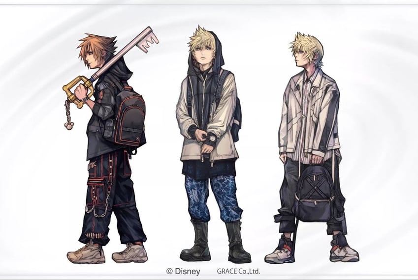 the image showcases three different streetwearinspired outfits for the video game character sora from the kingdom hearts series.  each sora wears a distinct outfit with varying styles of jackets, pants, shirts, bags, and shoes.  the background is a plain white canvas, and the lighting is soft, highlighting the details of the clothing designs.
