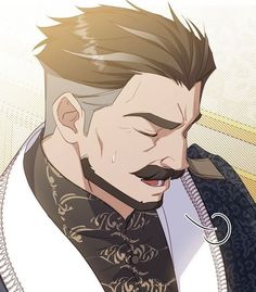 this is a closeup illustration of a man with a serious expression. he has short, styled dark hair with gray streaks at the temples. he has a short, groomed mustache and sideburns.  the man's brow is furrowed slightly, giving the impression of deep thought or concern. he is wearing an ornate, highcollared jacket with gold embroidery. the overall color palette of the image is warm and muted.