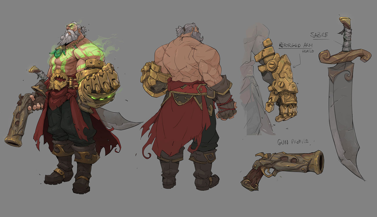 a game character concept art of a powerful pirate with a white beard, white hair and an armored hand,  wearing red clothes and carrying a pistol and a saber.  the character is depicted in three different angles  front, back, and a close up of his armored hand. the design of the character and his weapons are drawn in detail.  the image is created for a video game.