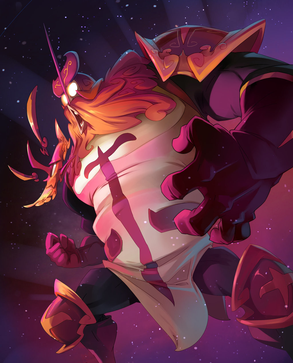 a fantastical warrior, clad in red and purple armor, floats in a cosmic space with a purple and pink background. he wears a large red cape with ornate gold trim and has a fierce, almost angry expression. his arm is extended in a clawlike gesture as if he is attacking or defending. the warrior is surrounded by stars and a faint glow of cosmic energy. his armor and cape are highly detailed, and his expression is fierce, conveying a sense of power and determination. the overall illustration has a vibrant and dynamic quality, suggesting a story of adventure and conflict.