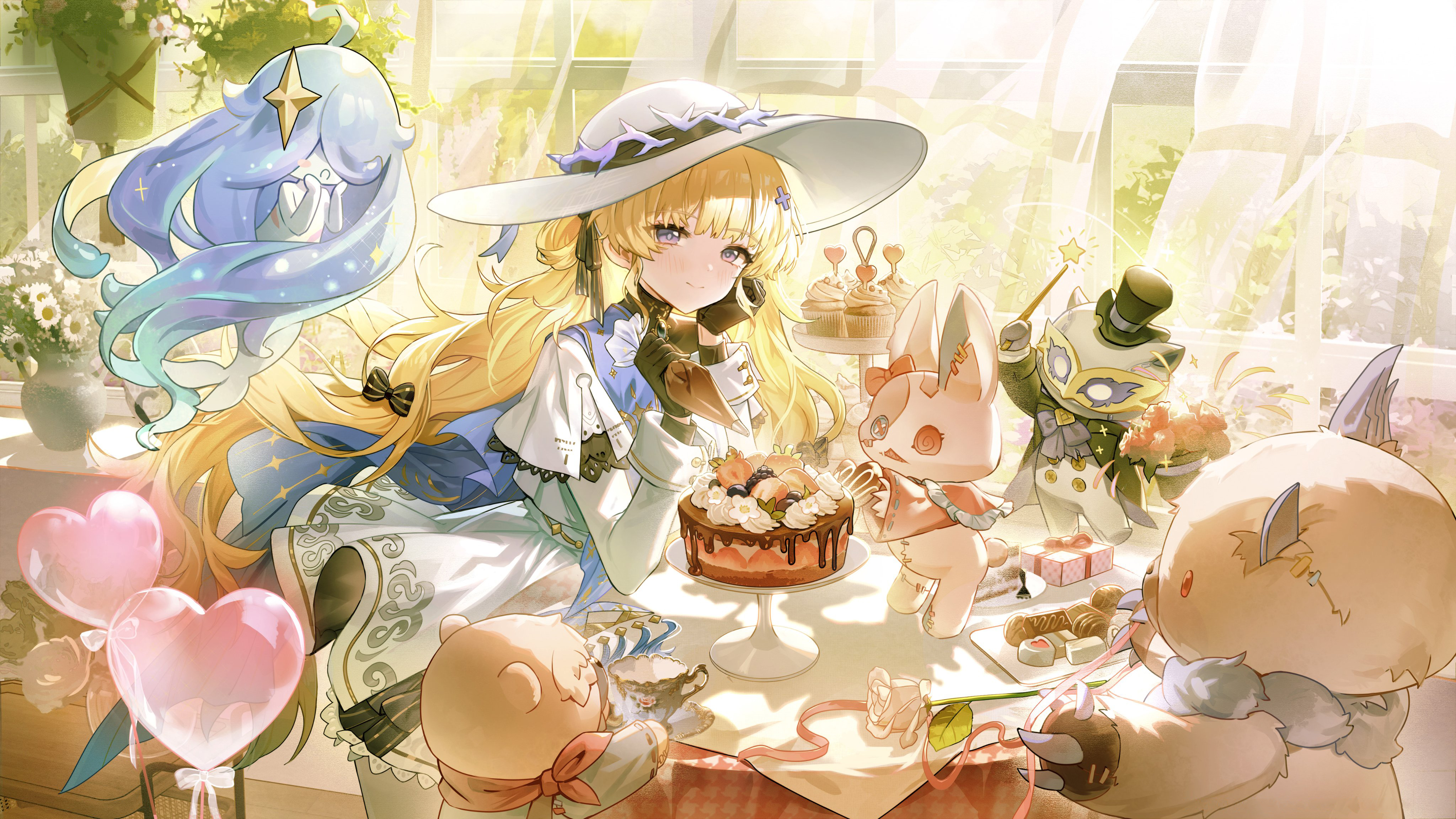 this image is an anime illustration of a blondehaired girl with blue eyes wearing a large white hat with a purple decoration. she is sitting at a table with various stuffed animals, a chocolate cake, and other treats. the table is covered with a pink cloth and there are two heartshaped balloons nearby. the background features a window with bright sunlight shining through and a vase of white flowers. a bluehaired, staradorned character stands to the left of the girl, and a magical, tuxedoclad animal with a wand is also present at the table.