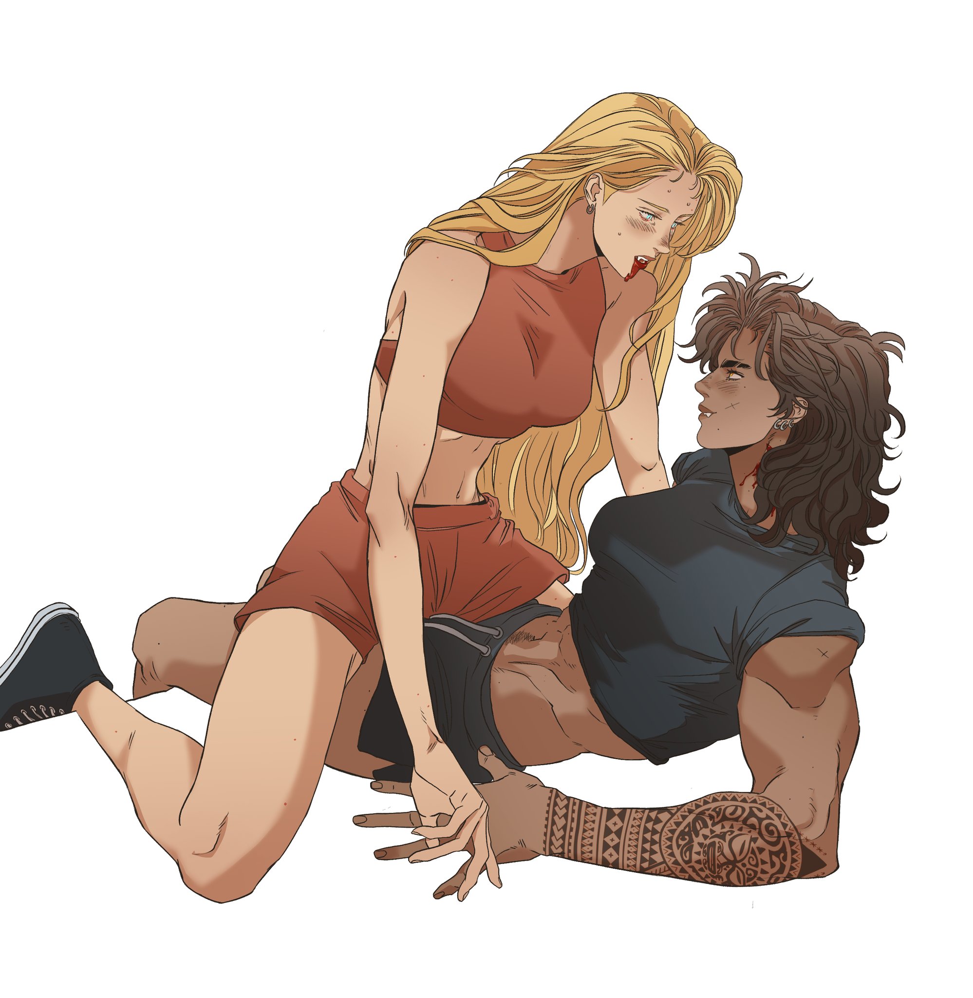 a lightskinned woman with blond hair and blood on her mouth sits atop a darkerskinned woman with brown hair. both are wearing exercise attire, and the woman on the bottom has a large tattoo on her left arm. they are looking at each other.