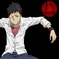 an anime character with short black hair and brown eyes is depicted in a dynamic pose against a black background. he's wearing a white, open, longsleeved shirt with the sleeves rolled up, revealing red undersleeves. underneath, he sports a red vneck shirt, and a silver chain necklace is visible around his neck. his expression is one of slight mischief, with one eye closed in a wink and a smirk playing on his lips. the artwork is likely a character portrait or fan art, emphasizing the character's personality and style. the black background serves to highlight the character and create a sense of focus. a red circle with "ja render" is present in the background.