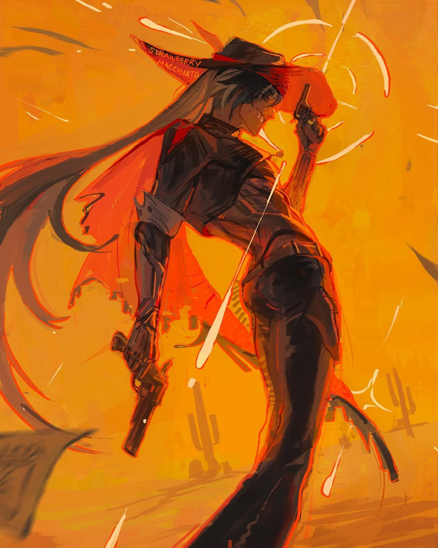 the image showcases a dynamic illustration of a stylish cowboy figure set against a vibrant sunset in the desert.  the character, with flowing black hair and a mischievous grin, strikes a confident pose, dualwielding pistols. the low angle and rim lighting amplify the character's coolness, emphasizing their silhouette against the warm hues of the setting sun. the "strawberry macchiato" inscription on the hat adds a playful touch to the otherwise classic western scene.