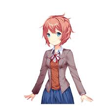 a cheerful anime girl with pink hair and blue eyes is smiling. she is wearing a brown jacket, brown sweater, and blue skirt with a bow. she looks like a school girl, and the illustration style is digital art.