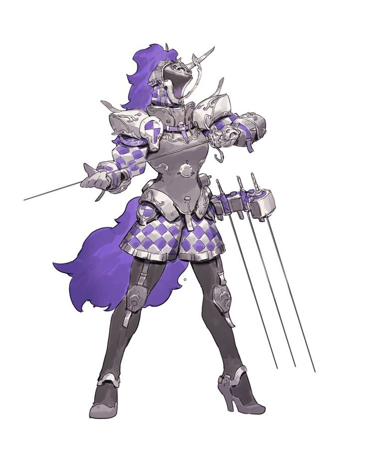 the image is a digital painting or illustration of a female character that's a stylized unicorn knight.  she's wearing elaborate armor that's partly metallic and partly resembles a harlequin or jester costume with purple and white diamond patterns. her long purple hair flows behind her.  she's wielding a lancelike weapon, and has a device on her back that appears to be a type of multipronged grappling hook or weapon. the style is fantasyinfluenced with steampunk elements in the design of the armor and mechanical components. the overall mood is whimsical yet powerful.
