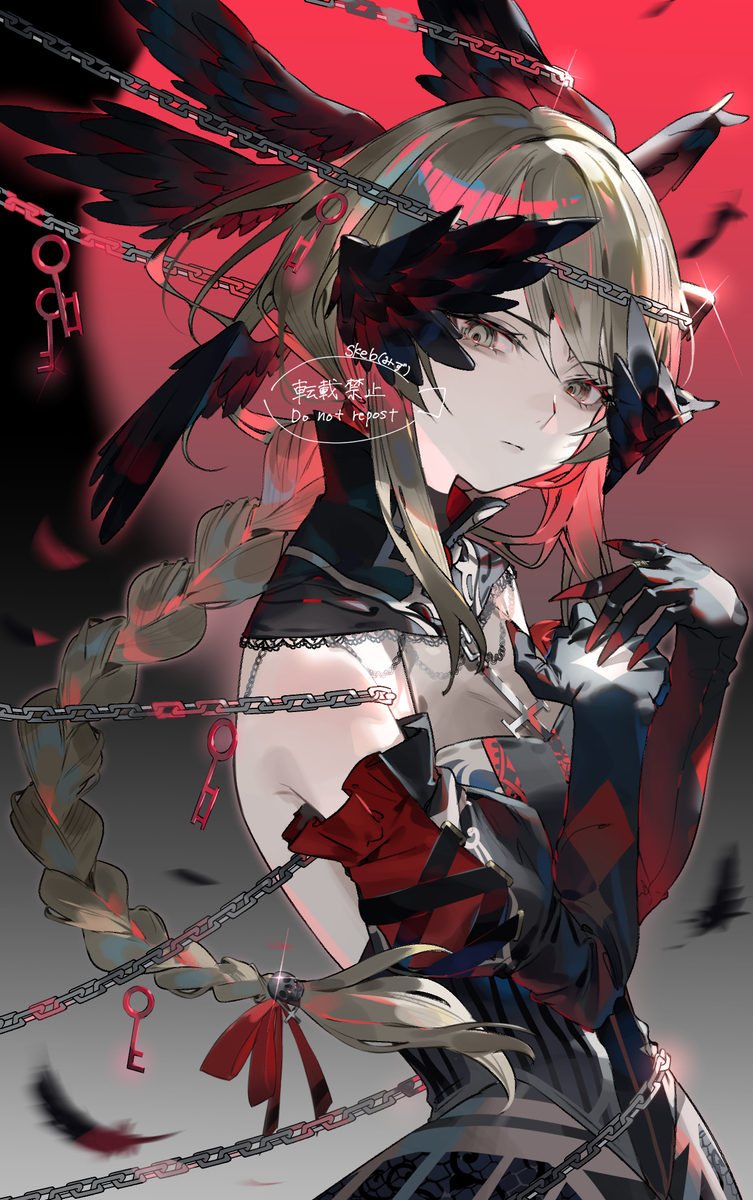 an anime girl with blonde hair in a long braid is depicted wearing a black and red outfit, adorned with black wings and draped in chains with keys hanging from them. she has long nails and a dark, fantasylike aesthetic. the background is a mix of red and grey tones, contributing to the overall dramatic and somewhat ominous atmosphere.