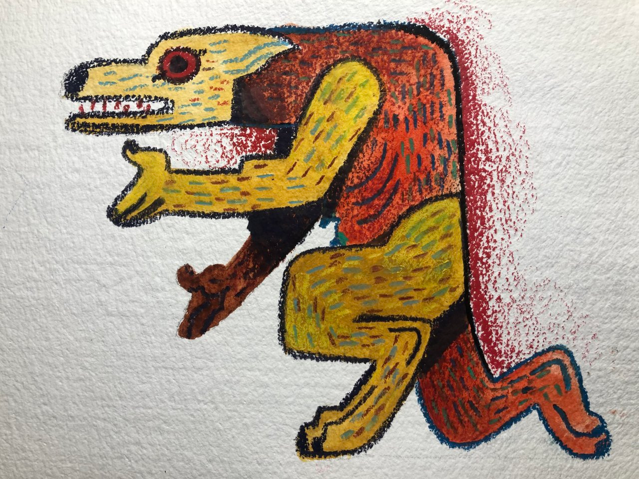 the image shows a colorful painting of a mythical creature resembling a dog or wolf standing on its hind legs with its arms outstretched. the creature is primarily yellow and orange with black outlines and red accents. the background is white with a red splatter or stain behind the creature.