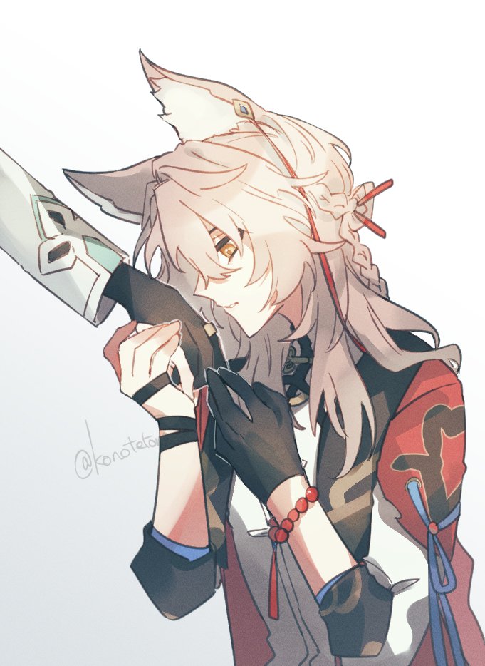 this is a digital illustration of scaramouche from the popular game genshin impact. he is an animestyle character with white hair, red eyes, fox ears, and is wearing a red and white outfit with black gloves. he is holding another character's hand. the artwork is drawn in a cute and adorable style.