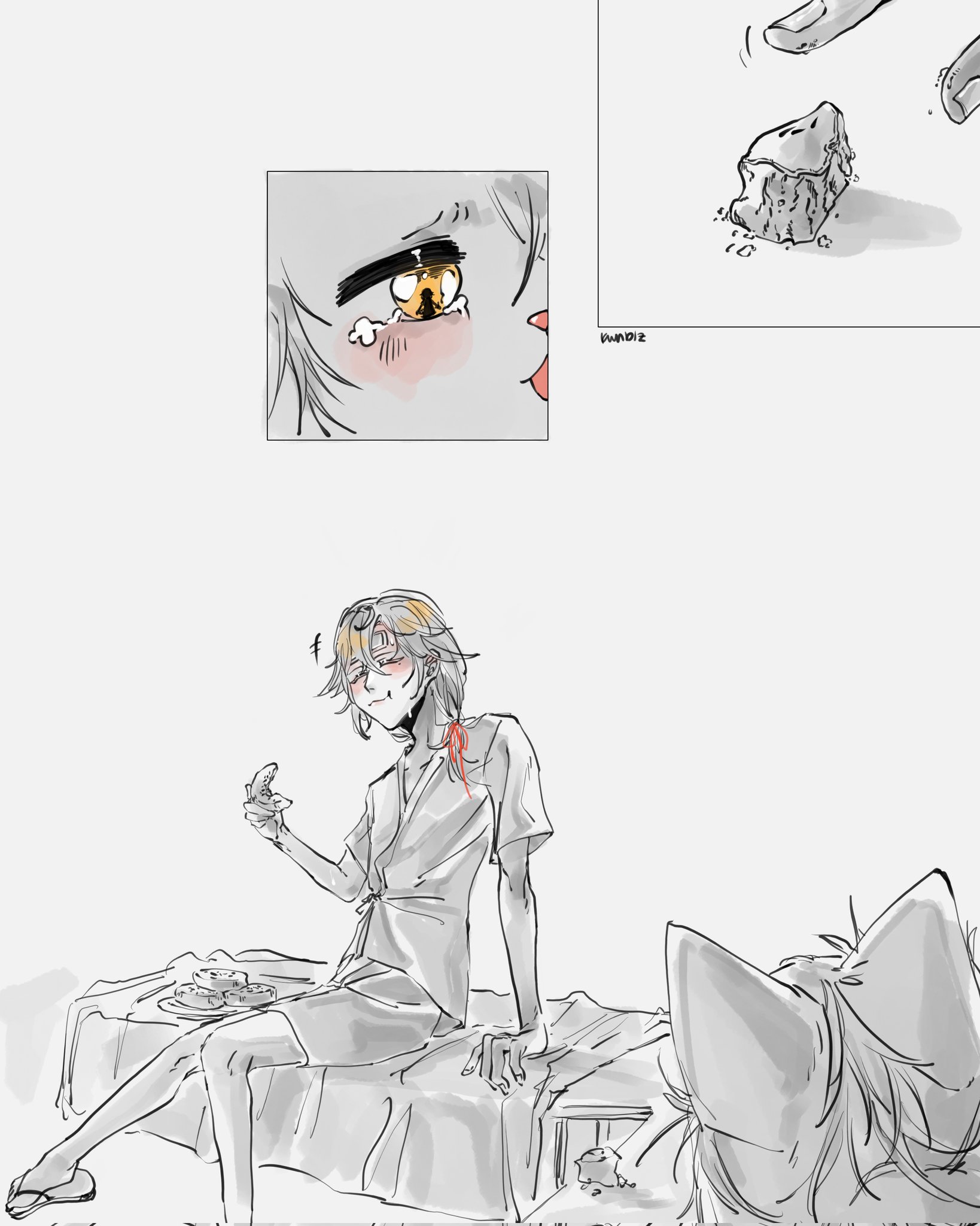 the image is a cartoon drawing of a romantic anime couple. the male character is sitting on a bed and eating cake while the female character is lying down and looking up at him. the image is drawn in a soft, pastel style with light colors and a warm, inviting atmosphere. the expressions on the characters' faces suggest that they are enjoying their time together and sharing a moment of intimacy. the overall mood of the image is one of happiness and love.