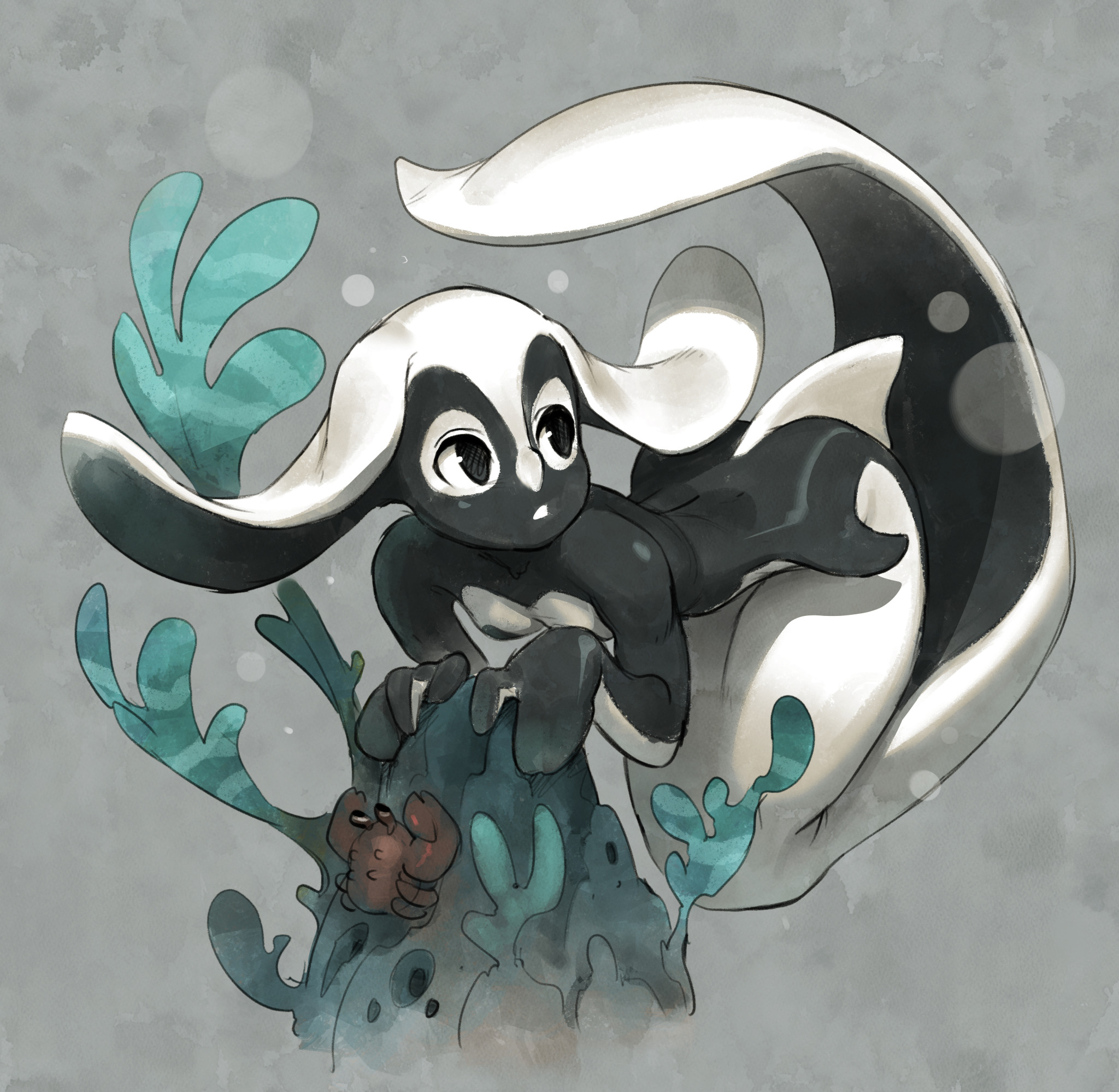 a cartoon illustration of a white and black aquatic creature with large eyes and claws. it is sitting on a large piece of coral with its tail wrapped around it. the creature has a long tail and fins, and its body is covered in scales. the background is a soft grey, with hints of blue and green. the image is drawn in a digital style.