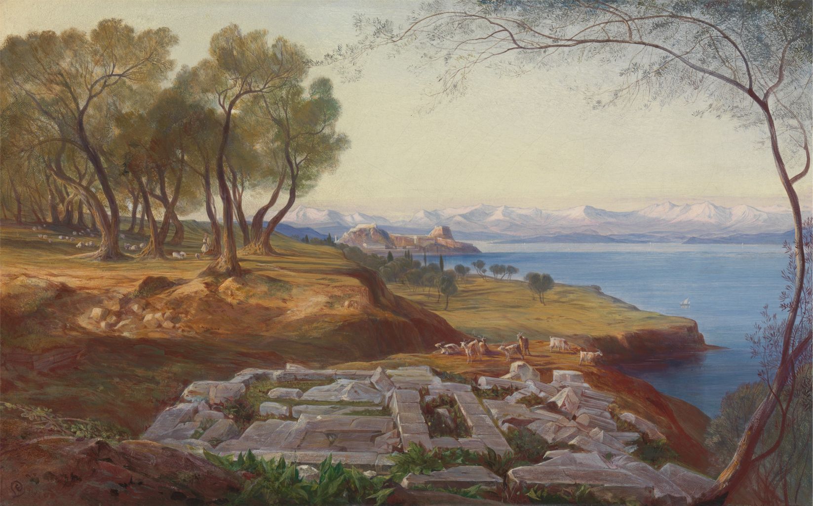 this is a landscape painting depicting an ancient site near the sea. in the foreground are the ruins of a stone structure. above the ruins, a shepherdess tends to her sheep among olive trees. further away, the coastline meets the sea. in the distance, mountains rise above the horizon, and a fortified settlement sits on a promontory. a tree with branches framing the view is on the right side.