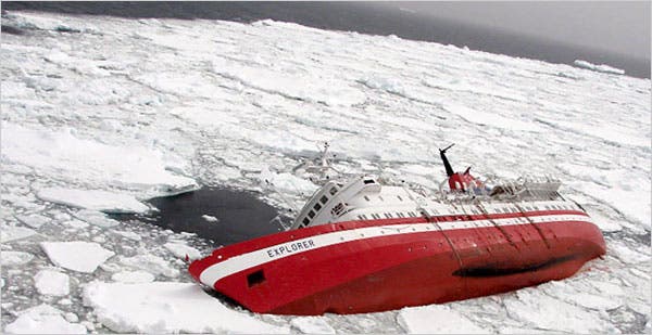 the image shows the wreckage of the cruise ship explorer, which sank in antarctica in 2007. the ship is half submerged in the icy water, and the surrounding area is covered in broken ice floes. the ship is a classic example of the dangers of sailing in cold, icy waters. the image is a stark reminder of the power of nature and the importance of safety at sea.