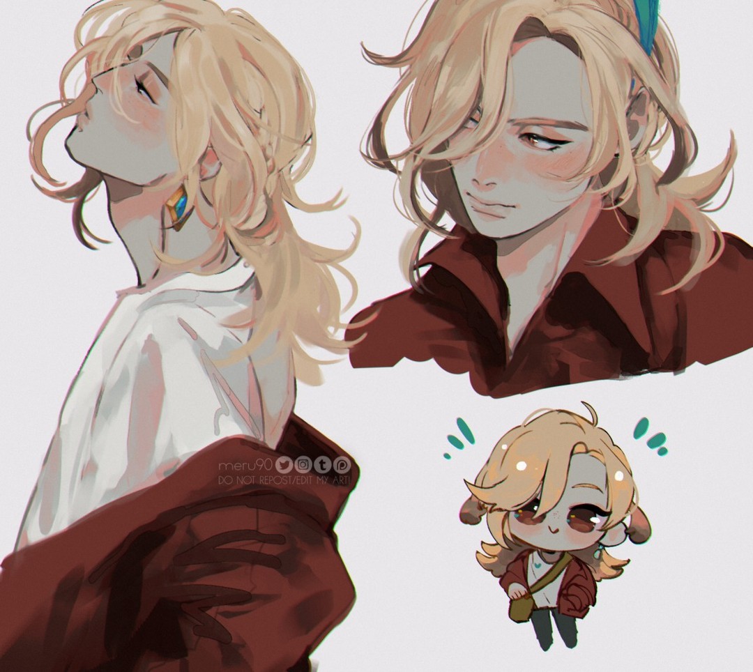 he image contains a collection of digital artworks featuring a male anime character with blond hair. there are three different depictions of the character. the first is a more detailed, stylistic portrait of the character from the side, showing his profile and long hair. he wears a white shirt and a dark red jacket. the second is a closer portrait of the same character, this time facing forward and his expression is more relaxed. his hair is slightly shorter. the third is a chibi version of the character, simplified and cute with a more cartoonish style.  all depictions share similar features of the character's hair and clothing styles. the art style is soft and somewhat painterly with blended colors and shading.  the overall feel is aesthetically pleasing and somewhat romantic.