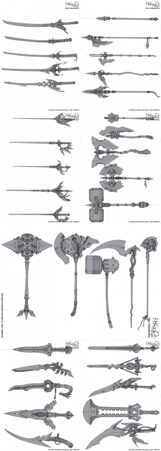 the image showcases a collection of concept art sketches for various fantasy weapons. the weapons are predominantly melee weapons, including swords, axes, and maces, each with intricate designs and embellishments. they seem to be inspired by medieval weaponry but with a stylized and fantastical twist. the illustrations are presented in grayscale, emphasizing the details and forms of the weapons.