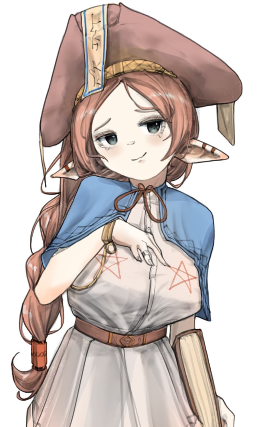 a portrait illustration of an elf girl with long reddishbrown hair. she has pointed ears and is smiling softly. she wears a brown pointed hat with a blue ribbon and inscription, a blue cape, a white dress with a brown belt, and holds a book in her left hand.