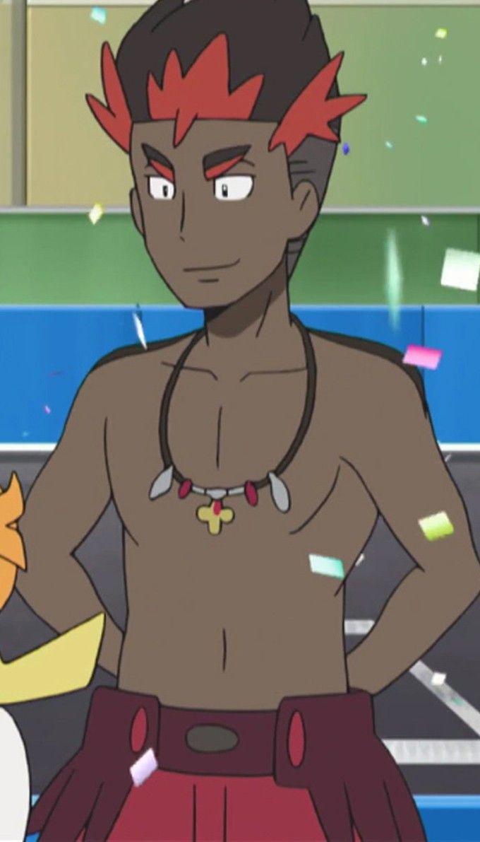 this is a cartoon image of a pokemon trainer from the anime series. he is shirtless and has red hair, brown skin and a black necklace and belt. he is smiling and appears to be happy.