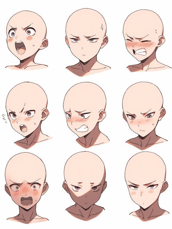 the image shows nine different anime character faces with varying expressions, such as surprise, anger, and embarrassment. each face is drawn in a simple style, with the focus on the eyes, mouth, and blush. the expressions are depicted in a way that is both exaggerated and relatable, conveying a range of emotions through subtle changes in facial features. this could be a guide for aspiring anime artists who want to learn how to draw different expressions.