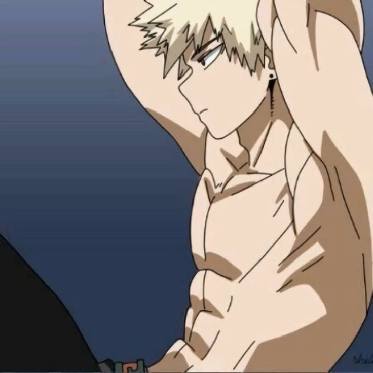 this is an anime illustration of a shirtless male character with blond hair and a muscular physique. he has a ripped body with visible abs. he appears to be in a relaxed pose, perhaps leaning back on his elbows. the background is a simple blue.