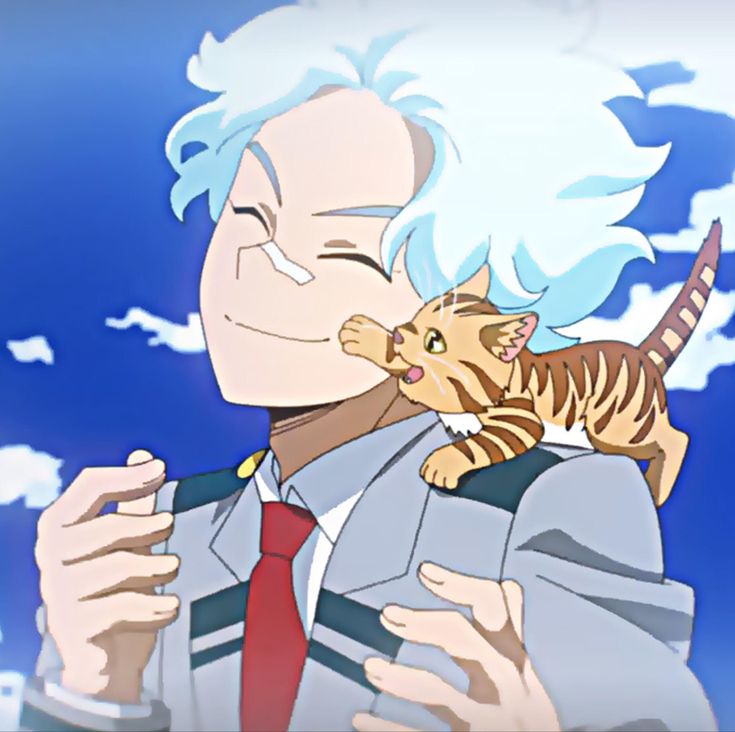 a cartoon man with blue hair and a white cat on his shoulder is smiling. the man is wearing a white and black uniform with a red tie. the background is a light blue sky with clouds. the image is done in a cartoon style with a colorful and bright color palette.